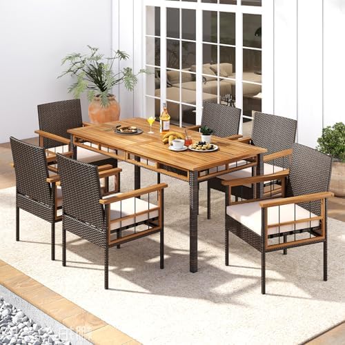 Tangkula 7 Pieces Wicker Patio Dining Set, Outdoor Acacia Wood Rectangular Table with 1.97” Umbrella Hole and Cushioned Chairs, Outside Conversation Furniture Set for Deck, Garden and Backyard - Image 3