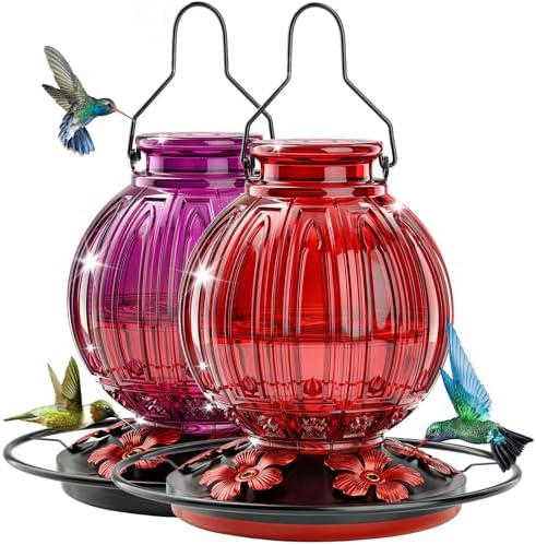 2 Pack Glass Hummingbird Feeder for Outdoors Hanging, Bird Nectar Feeder with Perch & 5 Flower Feeding Ports, 26 Oz Leak Proof for Outside Garden Decor Backyard, Gifts for Women Mom, Red + Purple Red by GreteGotye