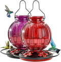 2 Pack Glass Hummingbird Feeder for Outdoors Hanging, Bird Nectar Feeder with Perch & 5 Flower Feeding Ports, 26 Oz Leak Proof for Outside Garden Decor Backyard, Gifts for Women Mom, Red + Purple Red by GreteGotye