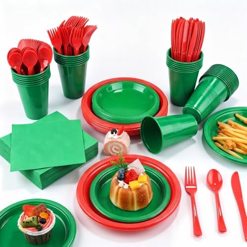 Kochorie 240 Pieces Christmas Plastic Dinnerware Set Disposable Heavy Duty Plates Napkins Cups Silverware Dessert Dinner Plates for Birthday Wedding Party Supplies, Serves 30 Guests, Red and Green by Kochorie