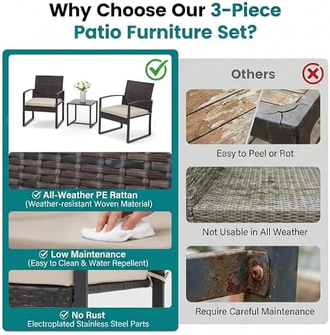 Bezseller 3-Piece Patio Furniture Set, Wicker Bistro Set, Brown - Image 6