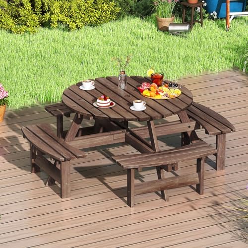 Giantex 8-Person Round Picnic Table Set with 4 Benches, 550 LBS Bench Capacity, 2" Umbrella Hole, Circular Outdoor Wood Dining Table & Chairs for Patio Yard Garden Porch Deck (71”x71”x28”,Brown) - Image 4