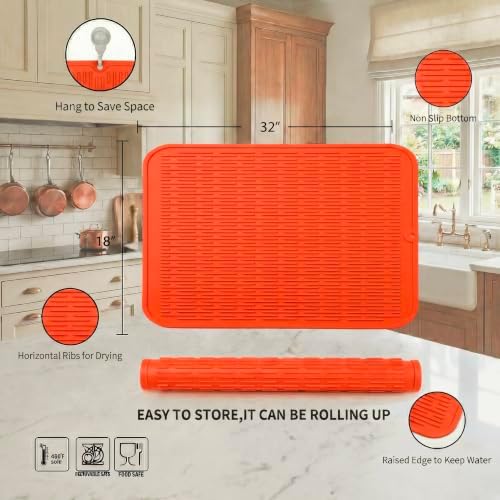 MicoYang Silicone Dish Drying Mat for Multiple Usage,Easy clean,Eco-friendly,Heat-resistant Silicone Mat for Kitchen Counter or Sink,Refrigerator or Drawer Liner Orange 4XL 32 inches x 18 inches - Image 2