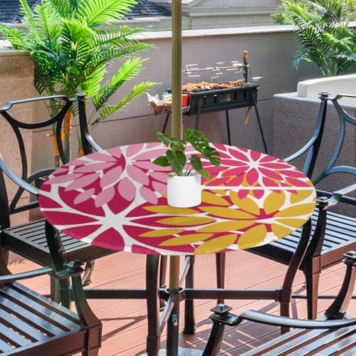 Round Tablecloth with Umbrella Hole and Zipper Elastic Fitted Table Cloth 45"-56" Oil-Proof Waterproof Patio Table Cover for Outdoor Picnic Party, Spring Summer Geometric Elegant Pink Yellow - Image 2