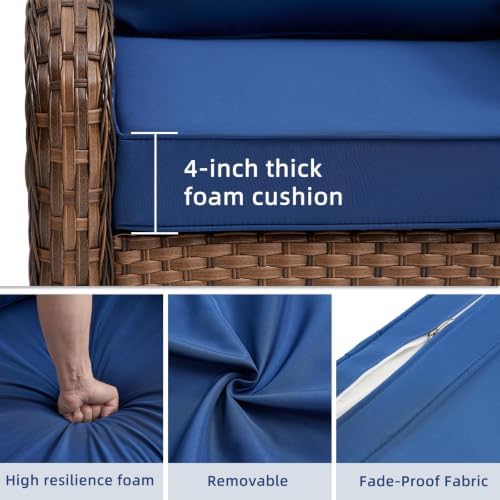 Wumiokio Patio Furniture Sets, Wicker Outdoor Furniture - 360 Degree Swivel Rocking Chairs and Rattan Side Table for Garden,Porch,Backyard (Brown Wicker/Blue Cushion, 5PCS - Swivel Chairs & Ottoman) - Image 5