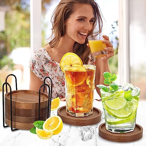 Wooden Coaster Set of 6 Coffee Table Decor Bar Cup Drink Coasters Holder - Image 2