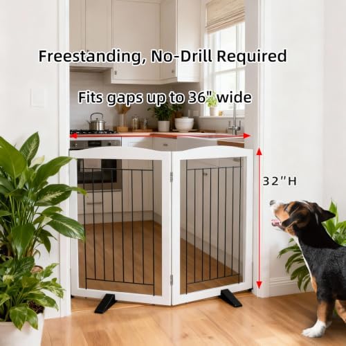 ZJSF Freestanding Dog Fence Indoor, Foldable Dog Gate for Doorways, Stairs or Hallways, Sturdy Wood Extra Wide Pet Gate with Support Feet for The House, White, 32 "Height-2 Panels - Image 2