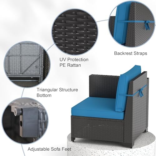 7PCS Patio Furniture Set, Outdoor Furniture All Weather Balcony Furniture with Thick Anti-Slip Cushions & Glass Table PE Rattan Patio Conversation Set for Backyard Garden (Peacock-Blue/XB, 7PCS) - Image 2