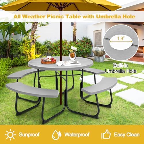 Tangkula 8 Person Round Picnic Table with 4 Built-in Benches, Grey - Image 4
