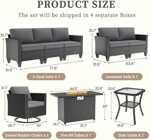 UDPATIO Patio Furniture Set with Fire Pit Table and Swivel Rocking Chairs, 6 Pieces Outdoor Wicker Furniture Set with Waterproof Cover, 4'' Thickened Cushion, Grey - Image 2