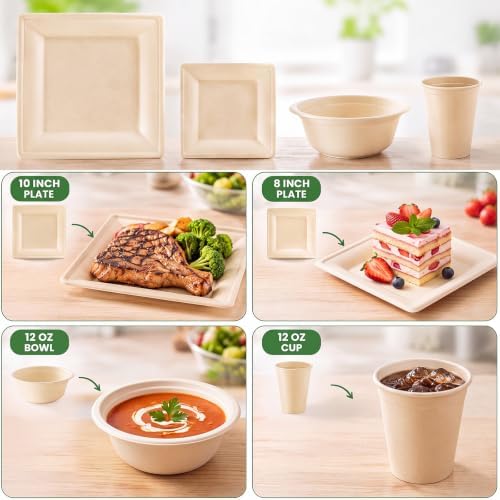 Havawish 200 Pcs Compostable Paper Plates and Bowls Set for 50 Guests, 10in & 8in Heavy Duty Sugarcane Disposable Plates 12 oz Biodegradable Cups and Paper Bowls, Party Camping Picnic(Beige) - Image 2