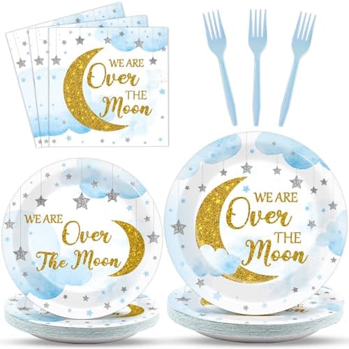 96Pcs Over The Moon Baby Shower Decorations Moon and Stars Party Baby Shower Plates and Napkins Gender Reveal Little Star Birthday Disposable Paper Plates for Celestial Birthday Gatherings Decorations by Oitnlaughter