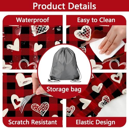 Valentines Day Picnic Table Cover with Bench Covers, Camping Essentials, Heart Buffalo Plaid Outdoor Table Covers, Waterproof Windproof, Fitted Tablecloth Cover with Elastic Edge, 3 PCS, 30x60 Inch - Image 3