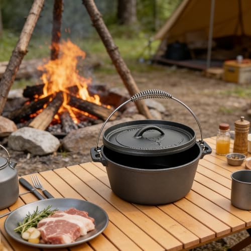 9 Quart Cast Iron Dutch Oven Pre-Seasoned Camp Pot with 10 inch Black Steel Lid Lifter and Polyester Carrybag - Image 5