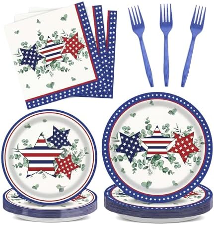 96Pcs Eucalyptus Leaves Patriotic Party Paper Plates and Napkins 4th of July Supplies Sage Green Red White Blue Star Disposable Tableware for 24 Guests American Independence Day Memorial Decorations by Oitnlaughter
