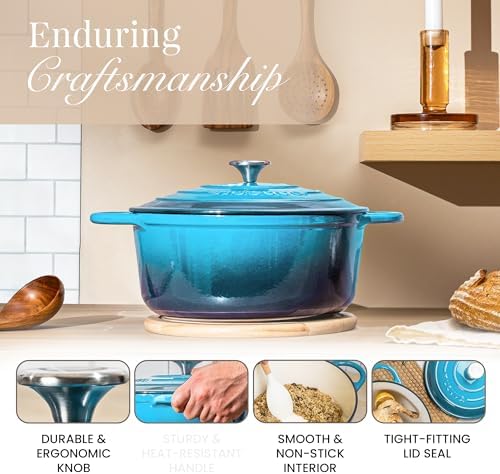 Nuovva Enamelled Cast Iron Dutch Oven Pot with Lid 6.4 Quart Non Stick Casserole Pot-Heavy Duty & Oven Safe up to 500° F for Bread Baking, Braising, Stews, Roasting - 28cm Light Blue - Image 6
