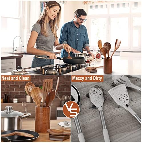 Mooues 12 Piece Wooden Spoons for Cooking, Wooden Utensils for Cooking with Utensils Holder, Natural Teak Wooden Kitchen Utensils Set with Wooden Spoon Rest, Comfort Grip - Image 7