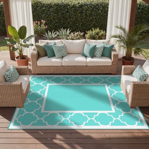 GENIMO Outdoor Rug, Waterproof Plastic Rugs for Patio, 9'x12' Aqua Blue - Image 5