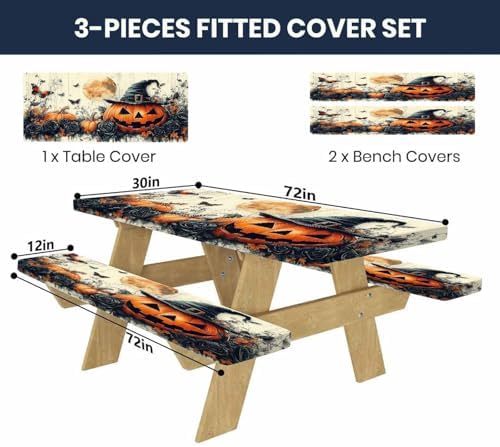 CAPSCEOLL Picnic Table Cover with Bench Covers 6ft - Halloween Pumpkins - Image 2