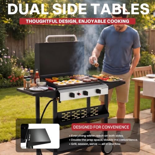 Pipopa 3-Burner Propane Griddle, Portable Flat Top Grill with Wheels & Hood - Image 5