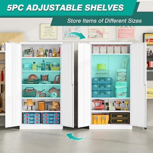 Wide & Deep Metal Storage Cabinet with 2 Doors and 5 Adjustable Shelves,White Locking Metal Cabinet,Large Garage Storage Cabinets,Lockable Tall Pantry Cabinets for Home,Office,Garage,Shop 72x36x18 - Image 4