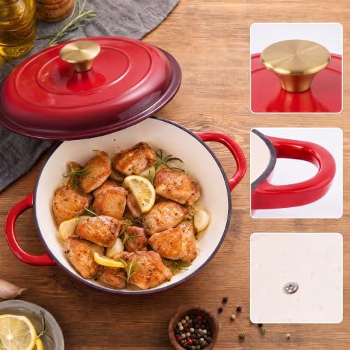 Dutch Oven Enameled Cast Iron with Lid - Big Dual Handles - Oven Safe up to 500°F - Classic Round Pot for Versatile Cooking 3 QT Shallow Pot Red - Image 4