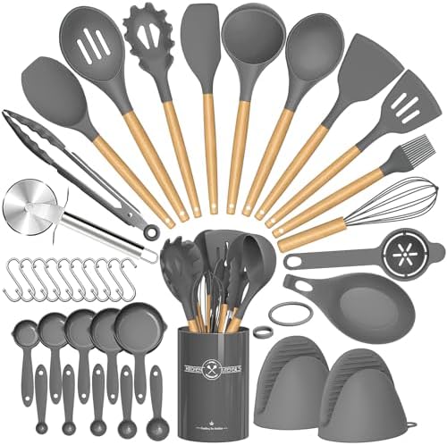 Umite Chef 36pcs Silicone Kitchen Cooking Utensils with Holder, Heat Resistant Cooking Utensils Sets Wooden Handle, Nonstick Kitchen Gadgets Tools Include Spatula Spoons Turner Pizza Cutter(Grey) by UmiteChef