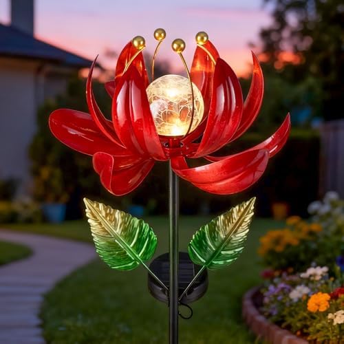 AIINY Solar Lights Outdoor Garden Decor, Solar Wind Spinner Yard Decorations Gifts for Outside, Lotus Windmill Pathway with LED Cracked Crystal Ball Waterproof Flower Sculpture for Patio Lawn by AIINY