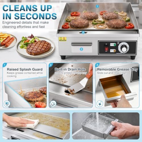IRONWALLS Commercial Electric Griddle 22”, 3000W Electric Flat Top Griddle Grill Indoor, 122~572℉ Adjustable Temperature Control, Non-stick Stainless Steel Grill for Restaurant, Fits for 20-Amp Outlet - Image 5