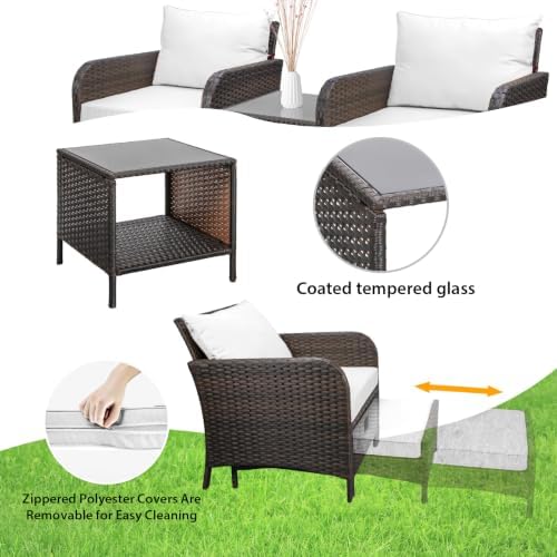 LEVELEVE Balcony Furniture 5 Piece Patio Conversation Set, PE Wicker Rattan Outdoor Lounge Chairs with Soft Cushions 2 Ottoman&Glass Table for Porch, Lawn-Brown Wicker（Ivory White - Image 5
