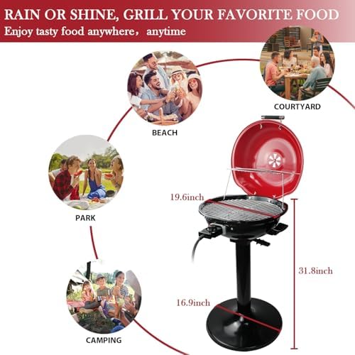 Electric Grill, Techwood Indoor/Outdoor Electric BBQ Grill, 1600W Portable Removable Stand Grill with Adjustable Heat & Drip Tray, Double Layer Design for Party, Patio & Backyard (Red) - Image 4