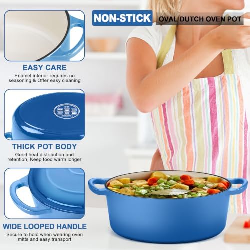 E-far 7QT Oval Dutch Oven Pot with Lid, Blue Enameled Cast Iron Dutch Oven - Image 3