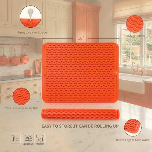 MicoYang Silicone Dish Drying Mat — Quick-Dry Ridges Counter & Sink Pad, Heat-Resistant Trivet to 450°F, Non-Slip & Dishwasher Safe, Roll-Up Storage, 18 Colors & 9 Sizes (Orange, 16"×12") - Image 2