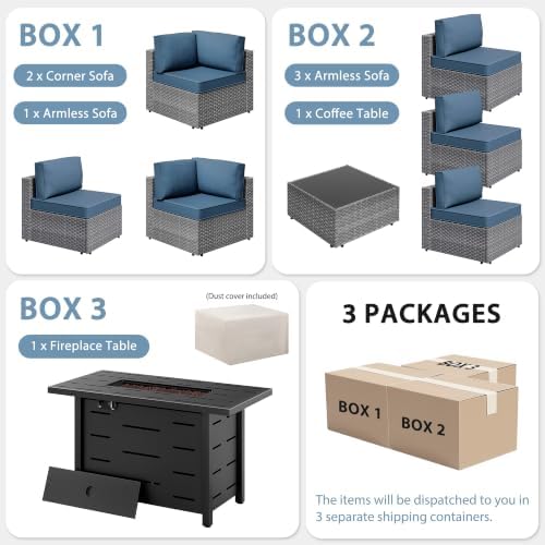 Shintenchi 8 Piece Outdoor Patio Furniture Set with 43 Inch Propane Fire Pit, Washable Cushions, Glass Coffee Table, Waterproof Cover & CSA Certified for Backyard Poolside, Silver PE Rattan/Navy Blue - Image 7