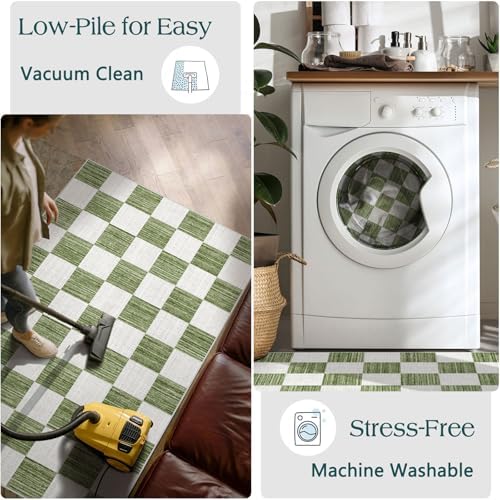 Front Door Mat Indoor Entrance - 2x4.3 Ft Green White Checkered Rug - Image 6