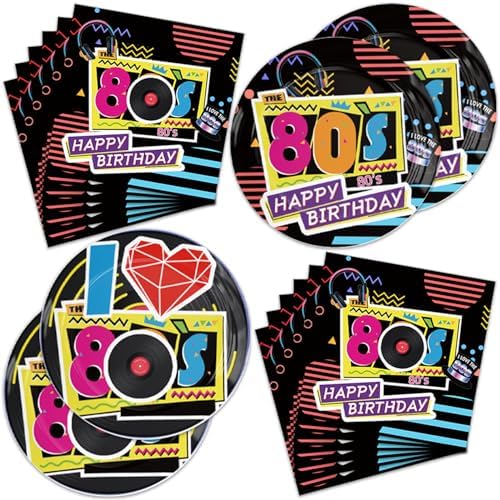 40Pcs 80s Birthday Party Decorations Plates 80s Themed Tableware Include Paper Plates Napkins for 20 Guests Baby Shower Birthday Party Decorations by Frypeas
