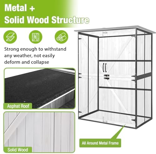 GUTINNEEN Outdoor Storage Cabinet Durable Metal Frame and Solid Wood Vertical Tool Shed with 3 Adjustable Height Shelves and Bottom Floor for Patio, Garden, Backyard, 55" L x 29" W x 67" H - Image 2