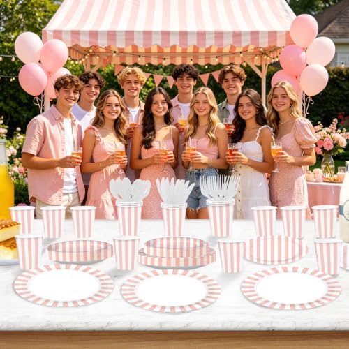 168 Pcs Pink White Striped Party Decorations for Girls Birthday, Serves 24 - Image 5