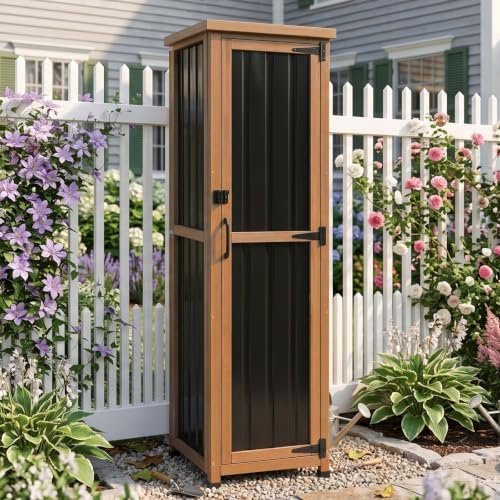 62" H Tall Narrow Outdoor Storage Cabinet with Metal Top, Outdoor Shed Storage Unit Waterproof with Adjustable Shelves for Garden, Patio, Living Room, or Entryway Storage, Black - Image 2