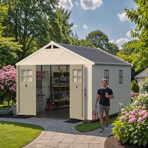 Patiowell 10x12 FT Resin Outdoor Storage Shed with Floor and Skylight,Beige - Image 2