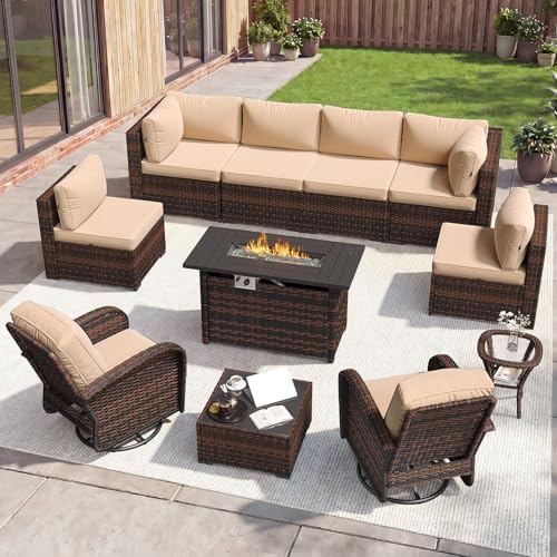 Aoxun 11 Piece Outdoor Patio Furniture Set with 44'' Fire Pit Table, Wicker Rattan Outdoor Furniture with High Back Swivel Rocker Chairs, Outdoor Sofa Set with Thick Cushion & Side Table, Beige by Aoxun
