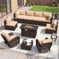 Aoxun 11 Piece Outdoor Patio Furniture Set with 44'' Fire Pit Table, Wicker Rattan Outdoor Furniture with High Back Swivel Rocker Chairs, Outdoor Sofa Set with Thick Cushion & Side Table, Beige by Aoxun