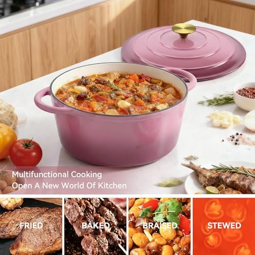 Miereirl 4.5 Quart Enameled Dutch Oven Pot with Lid, Cast Iron Dutch Oven with Dual Handles for Bread Baking, Cooking, Non-stick Enamel Coated Cookware, Rose - Image 4