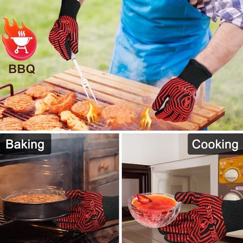 QUWIN BBQ Gloves, BBQ Accessories 1472℉ Extreme Heat Resistant, Grilling Gloves Silicone Non-Slip Oven Mitts, Kitchen Gloves for BBQ, Grilling, Cooking, Baking-1 Pair 11inch, Red - Image 2