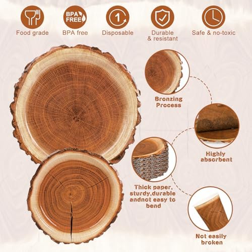 200 Pieces Camping Wood Grain Slice Party Supplies Set Paper Plate Cup Napkin for Camping Woodland Baby Shower Lumberjack Birthday Featuring a Round Wooden Slice Die Cut Edge Design Serve 25 - Image 3