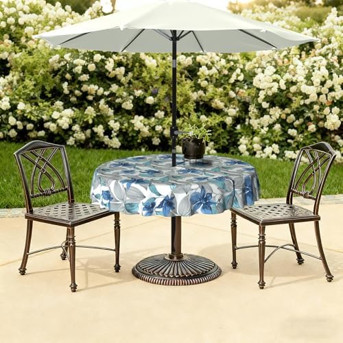 LVTXIII Outdoor Tablecloth with Umbrella Hole and Zipper, 60 Inch Water-Repellent Patio Table Cloth, Round Table Covers for Backyard Garden, Clemens Noir Blue - Image 6