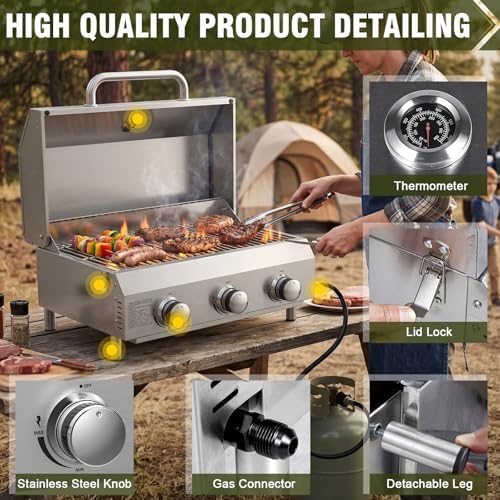 Bestfire 3-Burner Tabletop Gas Grill, 30,000 BTU Portable Propane Grill, Heavy-Duty Thickened Stainless Steel Grates & Knobs, Compact & Detachable Legs for Camping, RV&BBQ - Image 3
