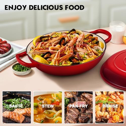 Overmont Enameled Cast Iron Dutch Oven - 3.8 QT Shallow Braiser with Recipe - Image 5