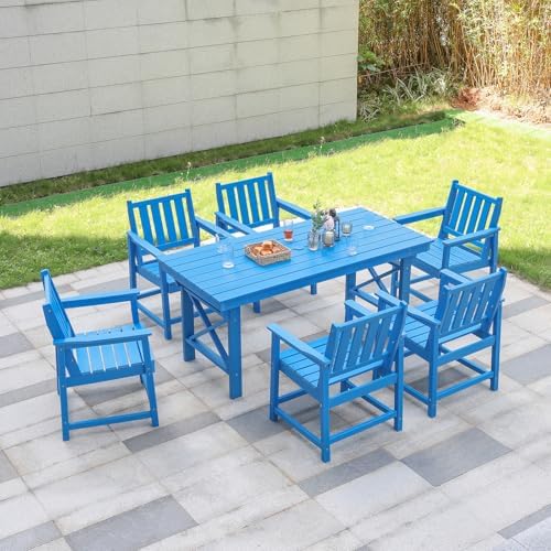 7 Pieces HDPE Outdoor Dining Set, Patio Dining Set with Umbrella Hole, All Weather Outdoor Dining Table Sets for 6, HDPE Patio Furniture Sets for Deck, Backyard, Lawn, and Poolside, Sky Blue by SeeHill