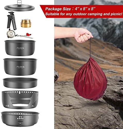 ALOCS 11pc Lightweight Camping Cookware Set with Gas and Alcohol Stove - Image 2